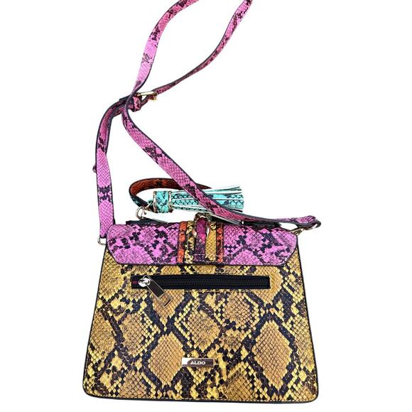 Snakeskin Patchwork Crossbody Satchel Bag Pink Multi Chain Tassel - Picture 5 of 6